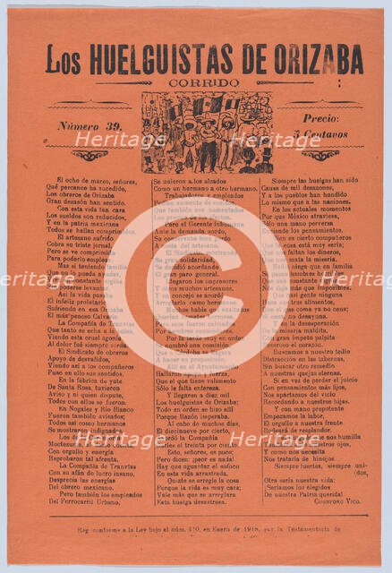 Broadsheet relating to a worker's strike in Orizaba, workers holding up the Me..., 1920 (published). Creator: José Guadalupe Posada.