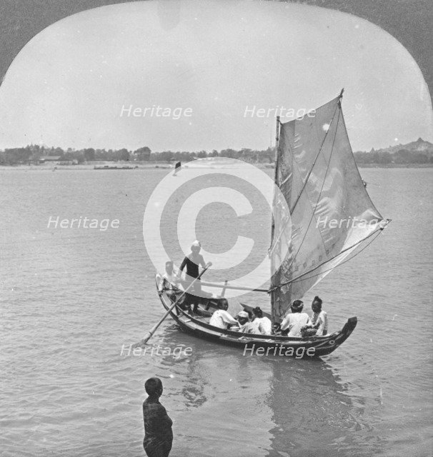 A sailing boat on the Irawaddy River, Burma, 1908. Artist: Stereo Travel Co