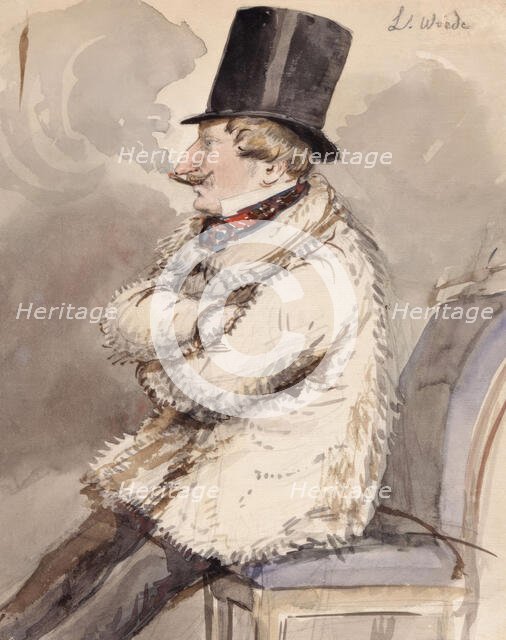 Man in fur jacket and top hat sits at the far end of a chair "L. Wiede". (c1850s). Creator: Fritz von Dardel.