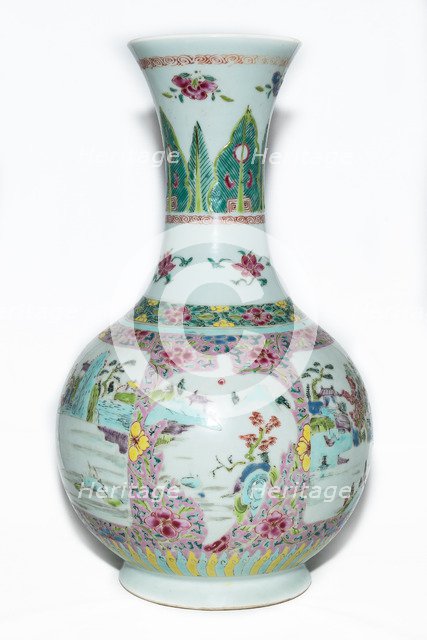 Famille rose vase with landscape decoration and trumpet mouth, 18th century. Artist: Unknown.