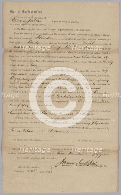 Claim awarded by the Confederate state of South Carolina for enslaved man Dick, November 23, 1864. Creator: James Tupper.