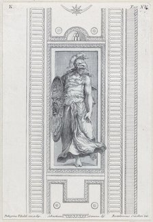 Plate 15: mythological figure wearing a helmet and holding a shield, 1756. Creators: Bartolomeo Crivellari, Sebastiano Gamma.