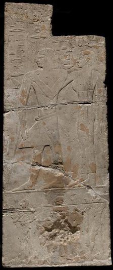 Fragment of a Tomb Wall Depicting Ibdu and his Wife with Offering Bearers, Egypt, Old Kingdom... Creator: Unknown.