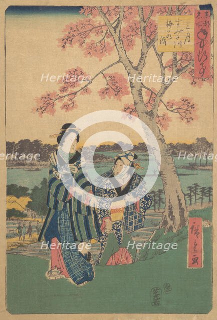 Plum-blossom viewing in the third month at Sumida River from the series Annual Events at F..., 1854. Creator: Ando Hiroshige.