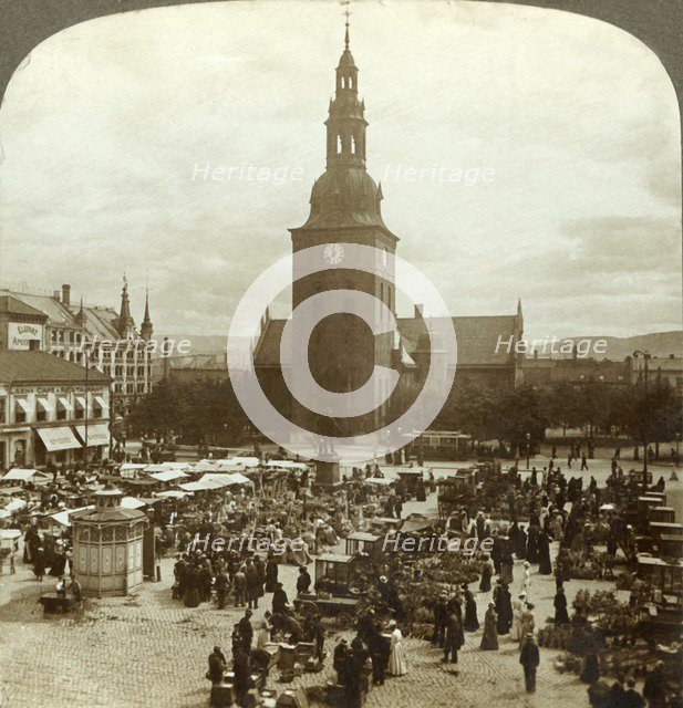'The "Great Market" around statue Christian IV, Christiania, Norway', c1905. Creator: Unknown.