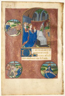 Leaf from a Book of Hours: Presentation in the Temple with Roundels of the Casting of Lots..., c1460 Creator: Master of Adélaïde de Savoie (French), follower of.