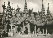 'Wood Carved Shrines with Glass Mosaic work at the Shwe Dagon Pagoda, Rangoon', 1900. Creator: Unknown.