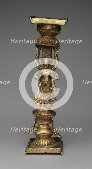 Pillar Support of an Addorsed Female Bodhisattva and an Offering Goddess, 15th century. Creator: Unknown.