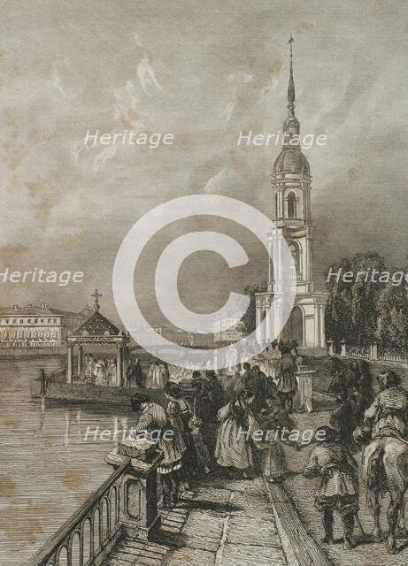 Bell tower of St. Nicholas Naval Cathedral, Saint Petersburg, Russia, 1839.  Creator: Hippolyte Lalaisse.