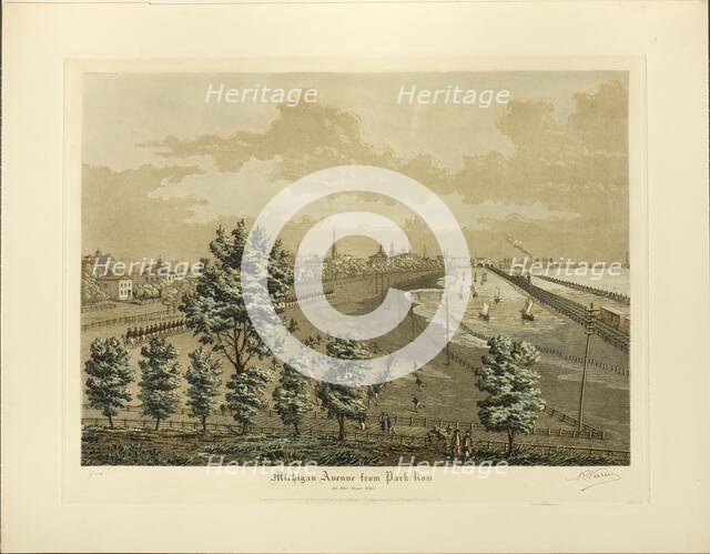 Michigan Avenue from Park Row in the Year 1865, published November 1926 (1865 depicted). Creator: Raoul Varin.