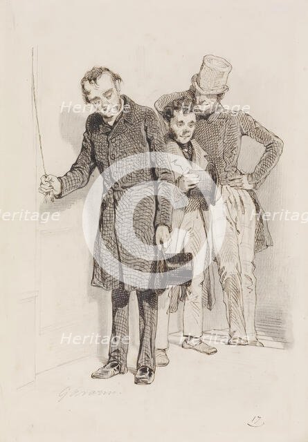 Three Men, One Pulling a Bell, 1845. Creator: Paul Gavarni.