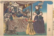 Color Print of a Copperplate Picture of a Toy Shop, 1860. Creator: Sadahide Utagawa.