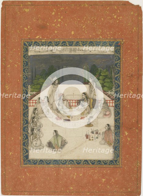 Two women seated on a terrace, surrounded by attendants and musicians, ca. 1650. Creator: Unknown.