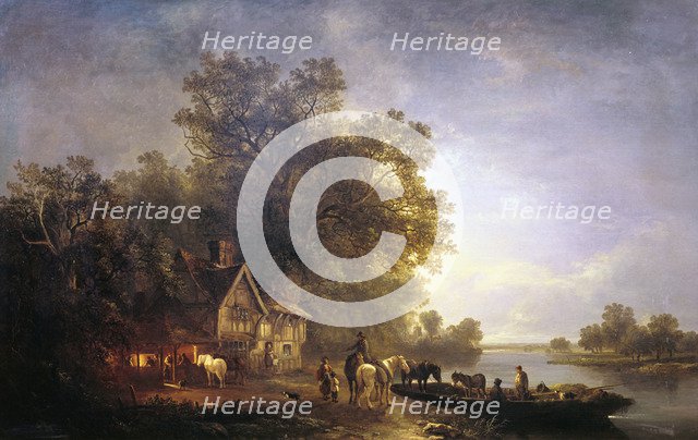 'River Landscape with Rustics and Horses', c1860. Artist: Edward Charles Williams