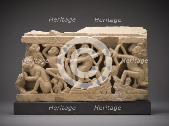 Hanuman Carrying the Mountain of Medicinal Herbs (left); Rama Battles Ravana (right)..., 10th centur Creator: Unknown.