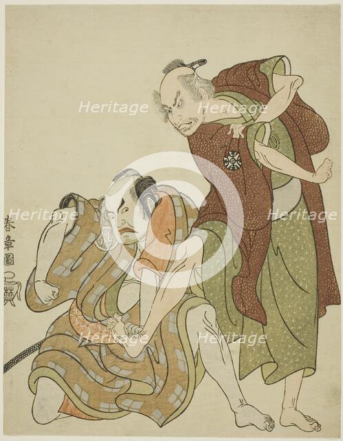 Actors playing the roles of Giheiji and his son-in-law, Danshichi Kurobei, Japan, c. 1768. Creator: Shunsho.