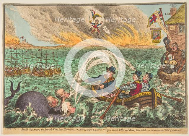 British Tars Towing the Danish Fleet into Harbour; the Broad-Bottom Leviathan t..., October 1, 1807. Creator: James Gillray.