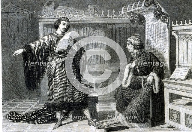 Ausias March (1397-1459), engraving of 1864, reading his poems to the Prince of Viana.