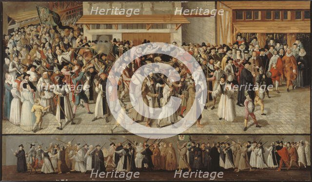 Procession of the League on l'ile de la Cite, leaving Notre-Dame, c1590. Creator: Francois Bunel.