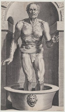 Seneca at the bath, standing in a niche with his feet in a basin, ca. 1615., ca. 1615. Creator: Cornelis Galle I.