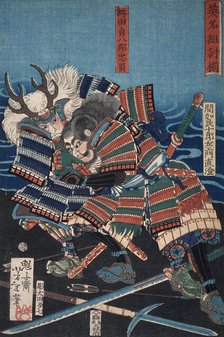 Konda Teihachiro Tadakazu and Makara Jurozaemon Naozumi(?) Grappling by the Water, 1866. Creator: Tsukioka Yoshitoshi.