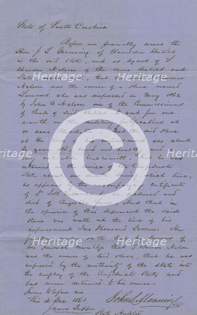 Owner's proof on claim for slave lost in public service, 1863-12-04. Creator: Unknown.