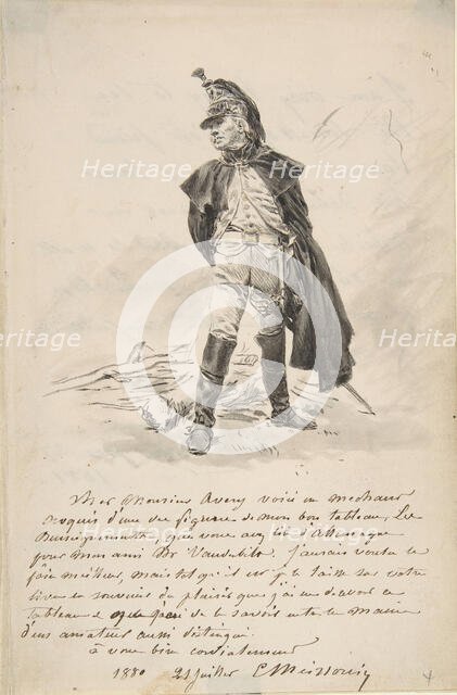Letter to Samuel P. Avery with a drawing of a military figure, 1880. Creator: Jean Louis Ernest Meissonier.