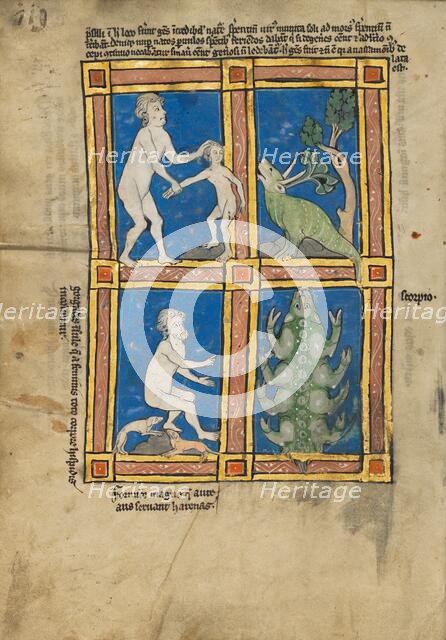 Praesillus; A Hairy Woman of the Island of Gorgade; A Scorpion; De Natura Avium..., 1277 or after. Creator: Unknown.
