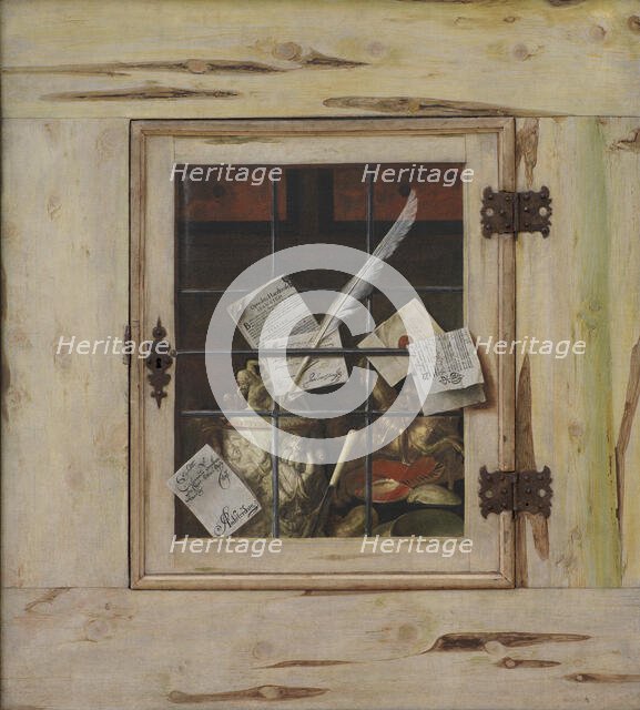 Trompe l'Oeil - A Closed Wall Cupboard with an Ivory Tankard and Other Objects, 1670. Creator: Cornelis Norbertus Gysbrechts.