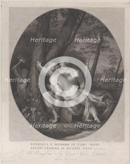 Angelica lying across the lap of Medoro and writes their names on a tree trunk, 1784-1836. Creator: Giovanni Folo.