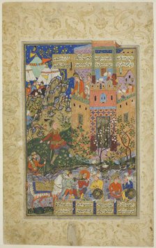 Zal Climbing to Rudaba, page from a copy of the Shahnama of..., Safavid dynasty, dated 1580/90. Creator: Unknown.