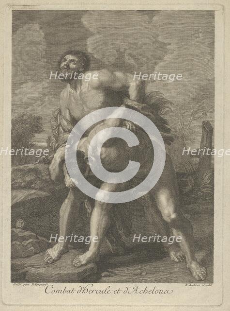 Hercules wearing a lion skin and fighting Achelous, a landscape in the background, ..., ca. 1713-72. Creator: Robert Hecquet.