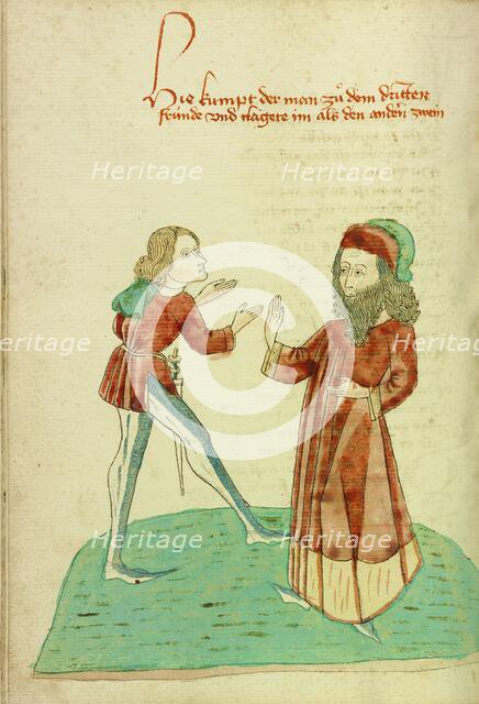 A Young Man Meeting an Older Bearded Man; Barlaam und Josaphat, 1469. Creators: Hans Schilling, Diebolt Lauber.