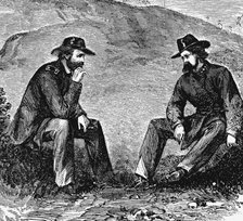 Generals Grant and Pemberton negotiating the surrender of Vicksburg, American Civil War, 1863. Artist: Unknown