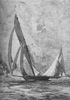 The 'Shamrock' and the 'Columbia' racing for the America's Cup, 1899 (1906). Artist: Unknown.