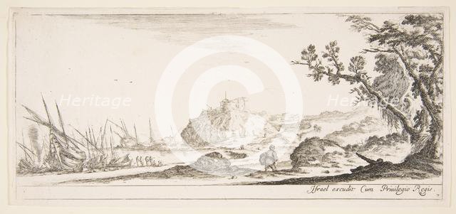 Plate 7: various boats on shore to left, a man carrying a bag, seen from behind and wa..., ca. 1641. Creator: Stefano della Bella.