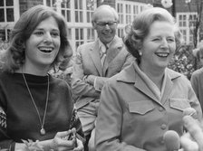 Margaret Thatcher with husband Denis and daughter Carol outside their home, 23rd April 1979. Artist: Unknown