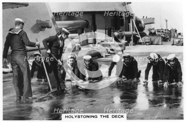 Holystoning the deck, HMS 'Nelson', 1937. Artist: Unknown