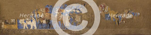 Afrasiab murals, South wall: Funeral procession led by King Varkhuman, Between 648 and 651. Creator: Sogdian Art.