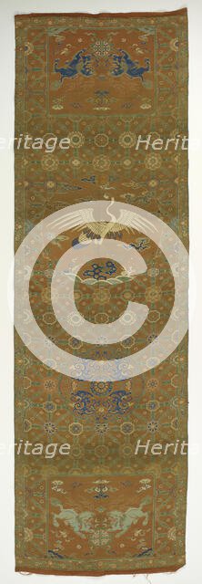 Chair cover with a crane, lions, dragons, auspicious symbols and floral..., Qing dynasty, 18th cent. Creator: Unknown.