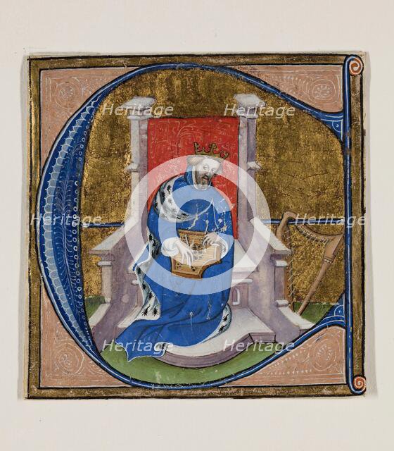 Leaf Fragment with Historiated "E" with King David Playing Psaltery, 15th century. Creator: Unknown.