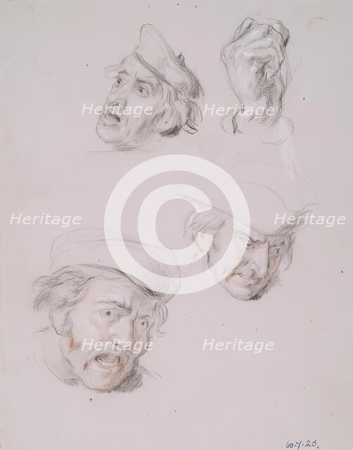 Studies of Three Male Heads and One Hand, 1825-1849. Creator: William Allan.
