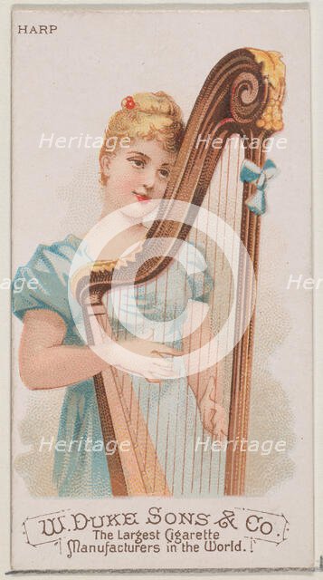 Harp, from the Musical Instruments series (N82) for Duke brand cigarettes, 1888., 1888. Creator: Schumacher & Ettlinger.
