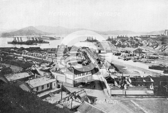 Stranded Russian battleships at Port Arthur days before its fall, Russo-Japanese War, 1904. Artist: Unknown