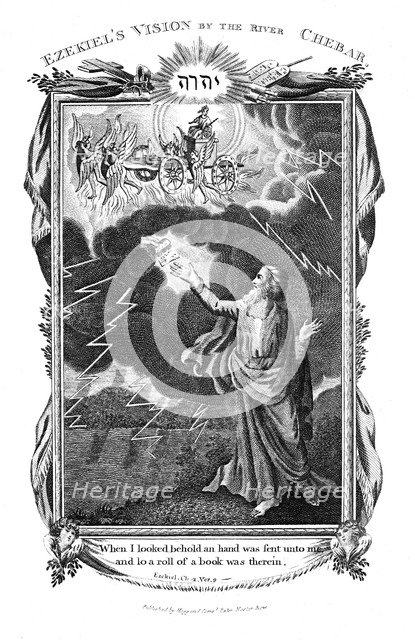 Ezekiel's vision of a chariot in the sky and a hand in the clouds holding out a book to him, 1804. Artist: Unknown