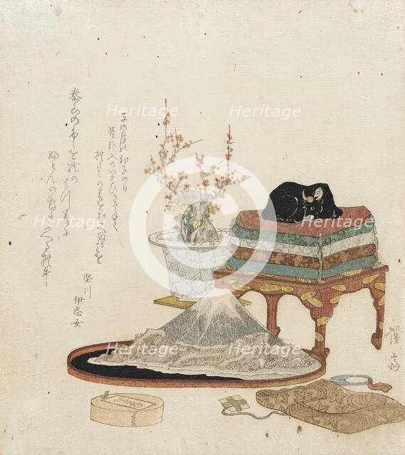 Still Life with Bonsai, Suiseki, and 'Stroking Ox', 1829. Creator: Ikeda Eisen.