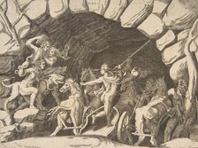 Pluto riding a chariot descending into Hell, from the 'Division of the Universe', 1531-76. Creator: Giulio Bonasone.