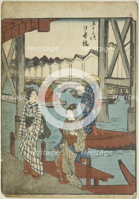 Nihon Bridge (Nihonbashi), from the series "Fifty-three Stations [of the Tokaido] (Gojusan..., 1852. Creator: Ando Hiroshige.