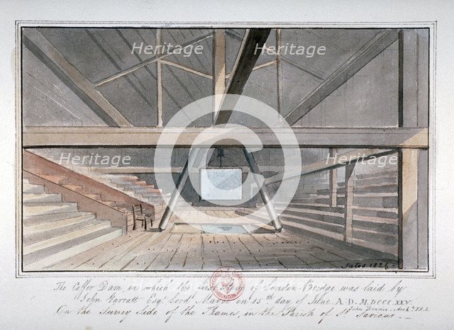 View of the foundation of London Bridge, 1825. Artist: G Yates