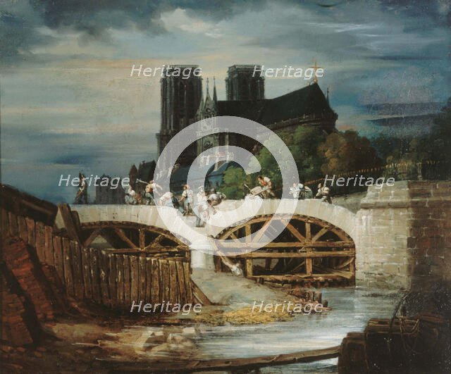 Construction of the Pont de l'Archeveche, around 1828, current 4th arrondissement, c1823-1833. Creator: Unknown.